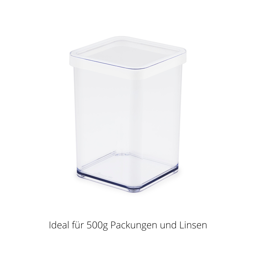 Transparent plastic container with lid against a white background. Text: "Ideal for 500g packs and lentils."