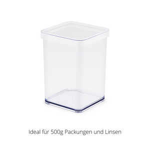Transparent plastic container with lid against a white background. Text: "Ideal for 500g packs and lentils."