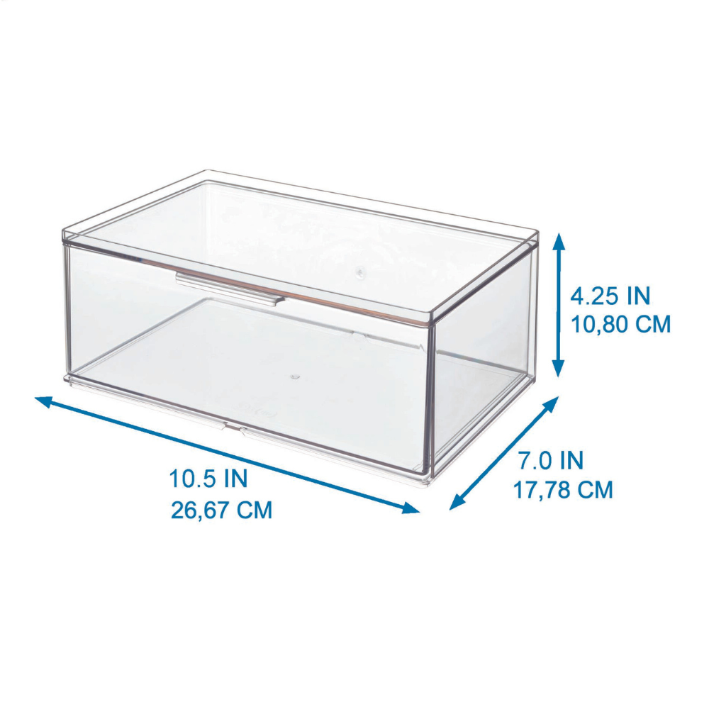 L'organizer modulare iDesign HOME EDIT con cassetto ha una forma rettangolare con le misure scritte sopra: 26,67 cm (10,5") di lunghezza, 17,78 cm (7") di larghezza e 10,80 cm (4,25") di altezza, con delle frecce blu per ogni misura.