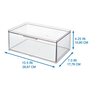 L'organizer modulare iDesign HOME EDIT con cassetto ha una forma rettangolare con le misure scritte sopra: 26,67 cm (10,5") di lunghezza, 17,78 cm (7") di larghezza e 10,80 cm (4,25") di altezza, con delle frecce blu per ogni misura.
