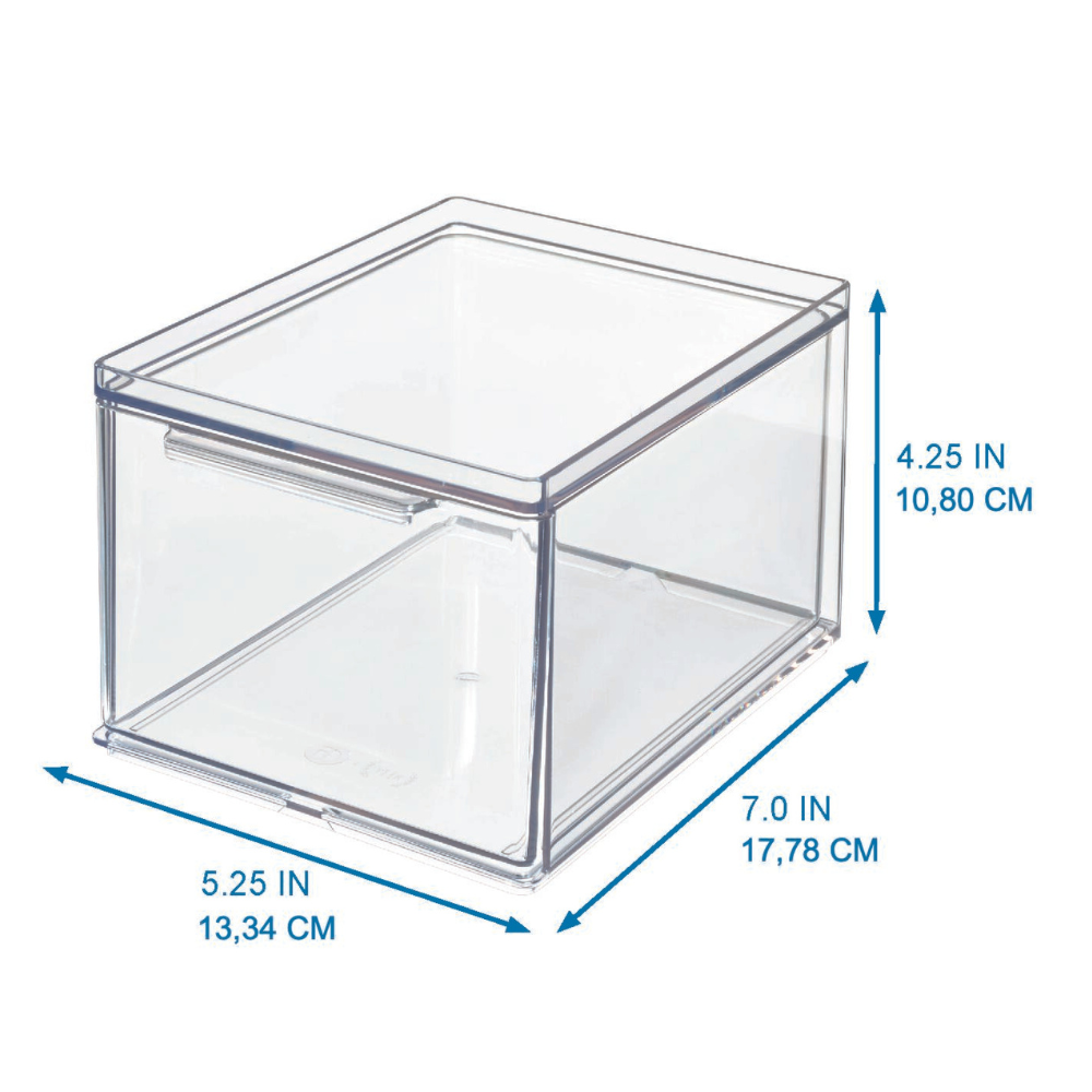 Conservazione trasparente: l'organizer iDesign HOME EDIT con cassetto (7,0" L x 5,25" P x 4,25" A) è modulare, ha una maniglia e delle frecce blu: perfetto per un sacco di usi in diverse dimensioni.