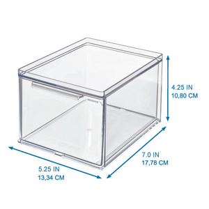 Conservazione trasparente: l'organizer iDesign HOME EDIT con cassetto (7,0" L x 5,25" P x 4,25" A) è modulare, ha una maniglia e delle frecce blu: perfetto per un sacco di usi in diverse dimensioni.