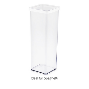 Storage container with white lid, standing on a white background. Text: "Ideal for spaghetti."