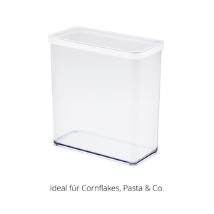Kunststoffbehälter mit weißem Deckel, stehend aufrecht. Text: „Ideal für Cornflakes, Pasta & Co.“