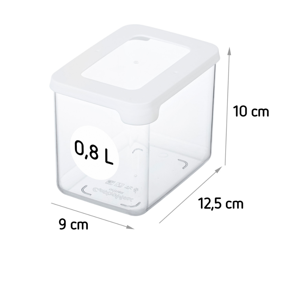 Le boîtier de conservation Orthex SmartStore TRANSPARENT - Blanc est un récipient de 0,8 litre en plastique transparent avec un couvercle blanc. Il est hermétique, empilable et mesure 10 cm de hauteur, 12,5 cm de largeur et 9 cm de profondeur, pour une conservation fraîche et bien organisée de tes aliments.